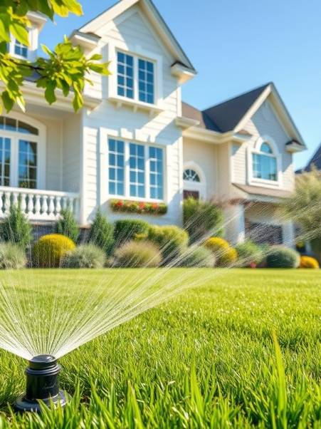 High-end home with manicured lawn and underground irrigation on sunny day.